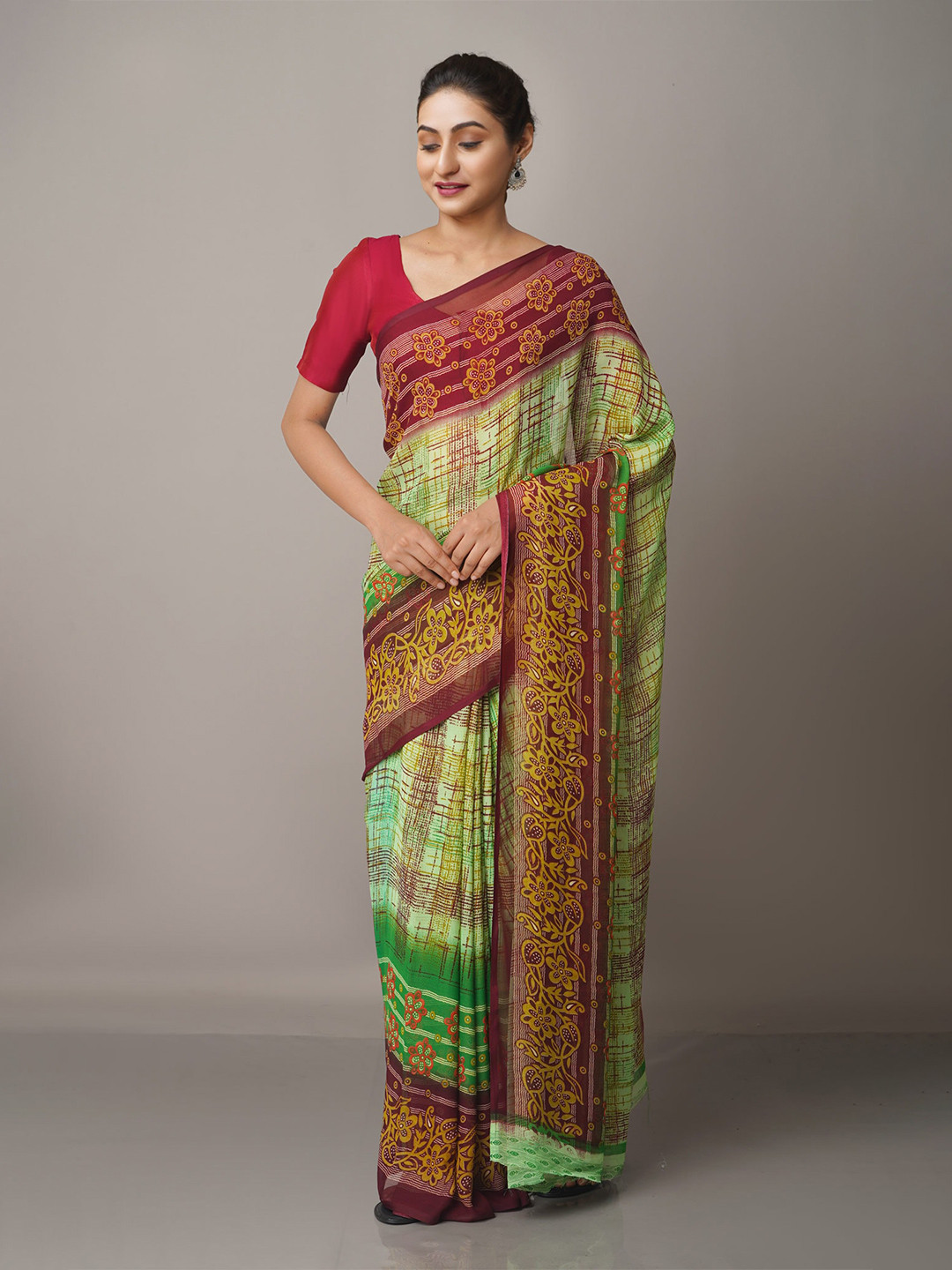 

Unnati Silks Floral Block Print Saree, Green