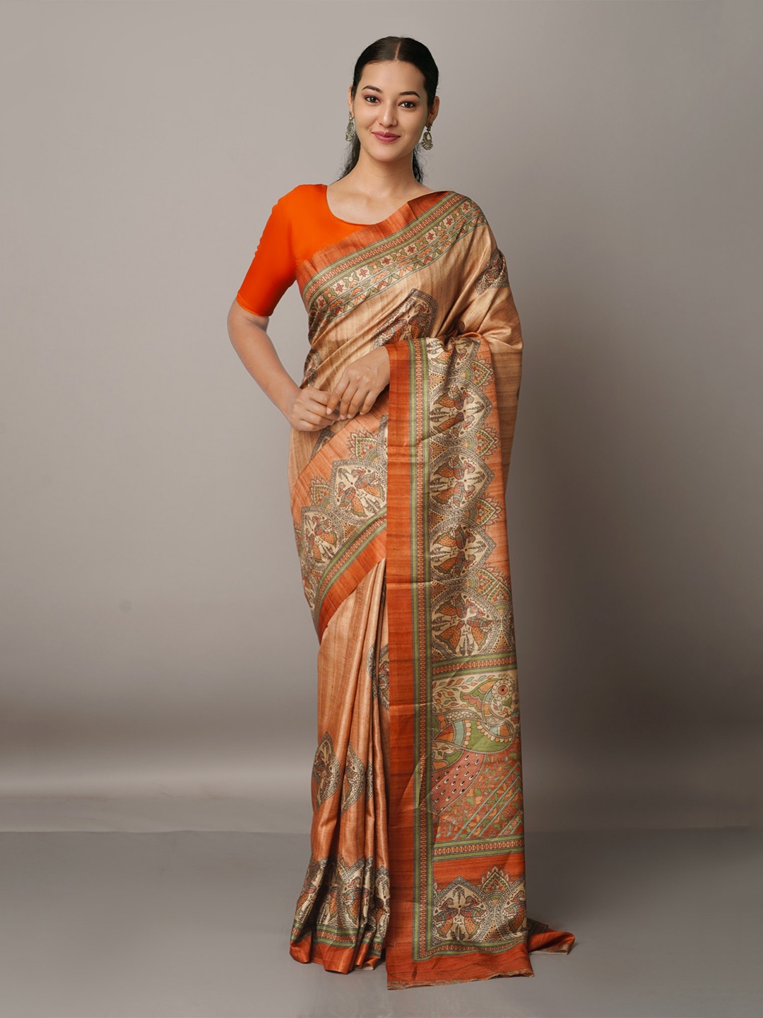 

Unnati Silks Cream-Coloured & Green Ethnic Motifs Block Print Saree