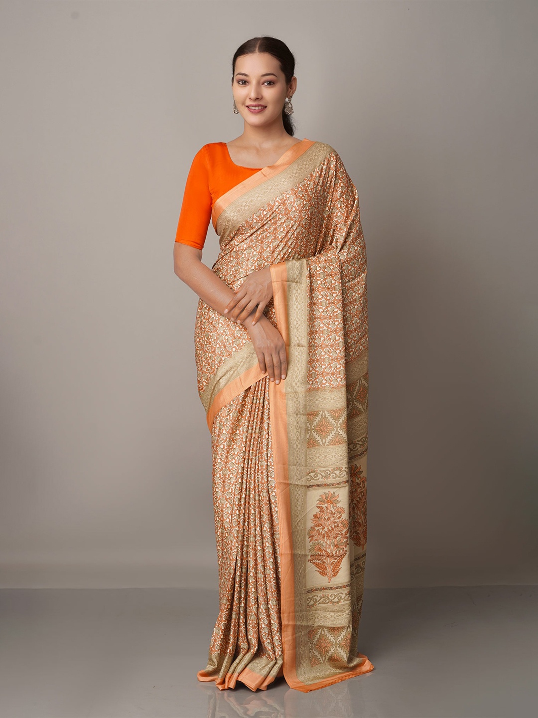 

Unnati Silks Floral Block Print Saree, Cream