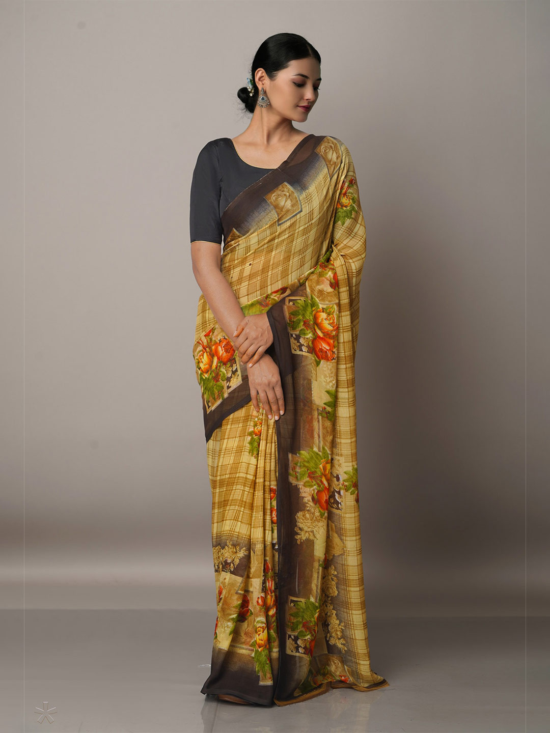 

Unnati Silks Floral Block Print Saree, Yellow