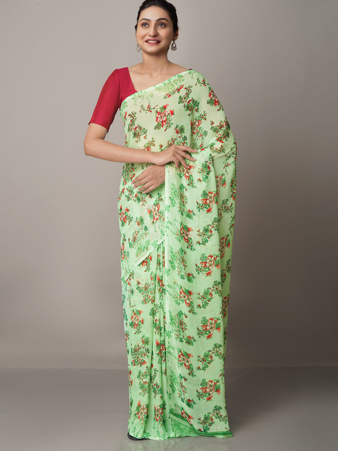 

Unnati Silks Floral Block Print Saree, Green