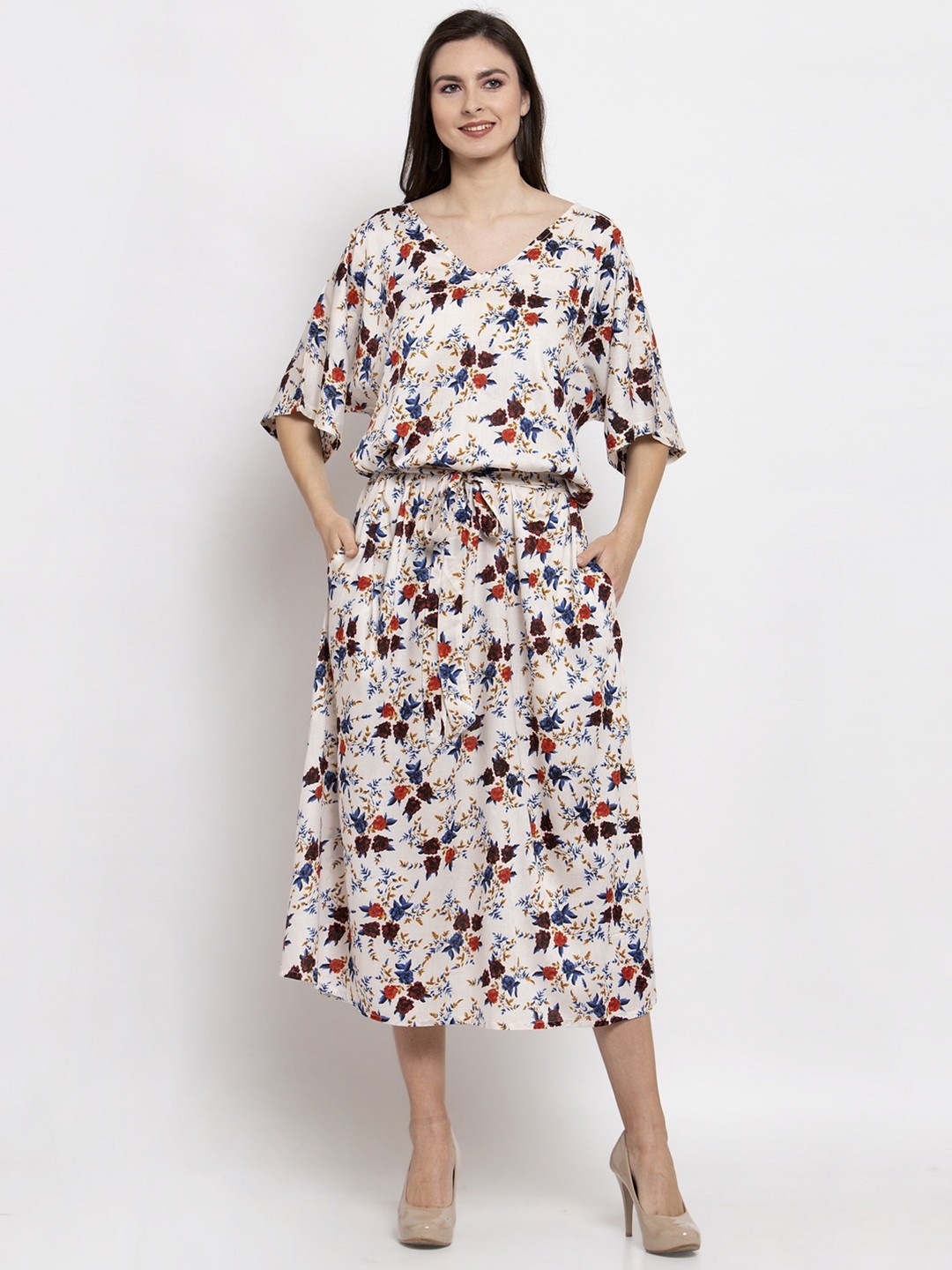 

PATRORNA Floral Printed Midi Dress, Cream