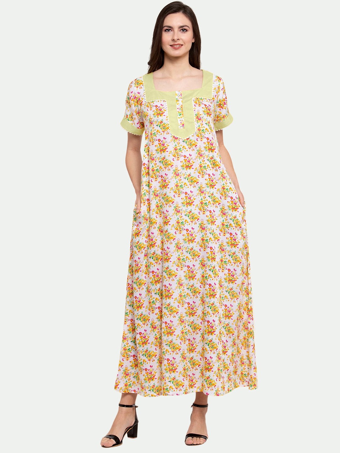 

PATRORNA Women Printed Cotton Blend Maxi Nightdress, White