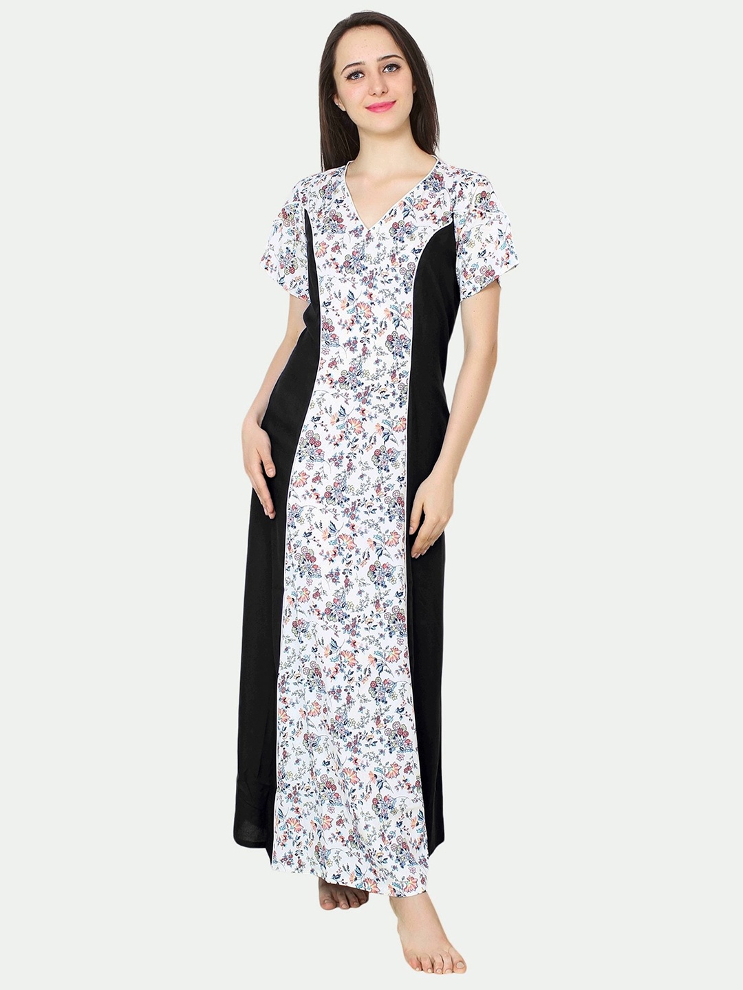 

PATRORNA Women Floral Printed Cotton Blend Maxi Nightdress, White