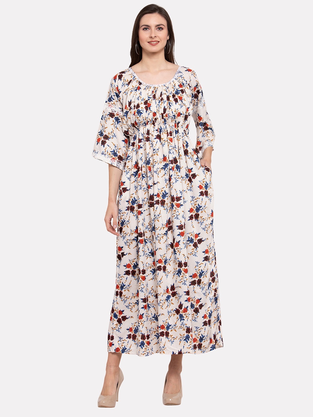 

PATRORNA Women Floral Printed A-Line Maxi Dress, Off white