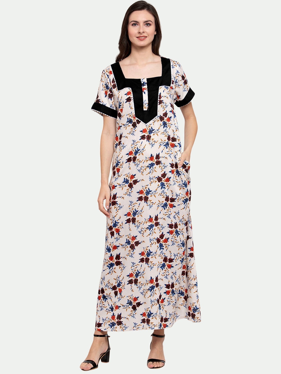 

PATRORNA Women Printed Cotton Blend Maxi Nightdress, Off white