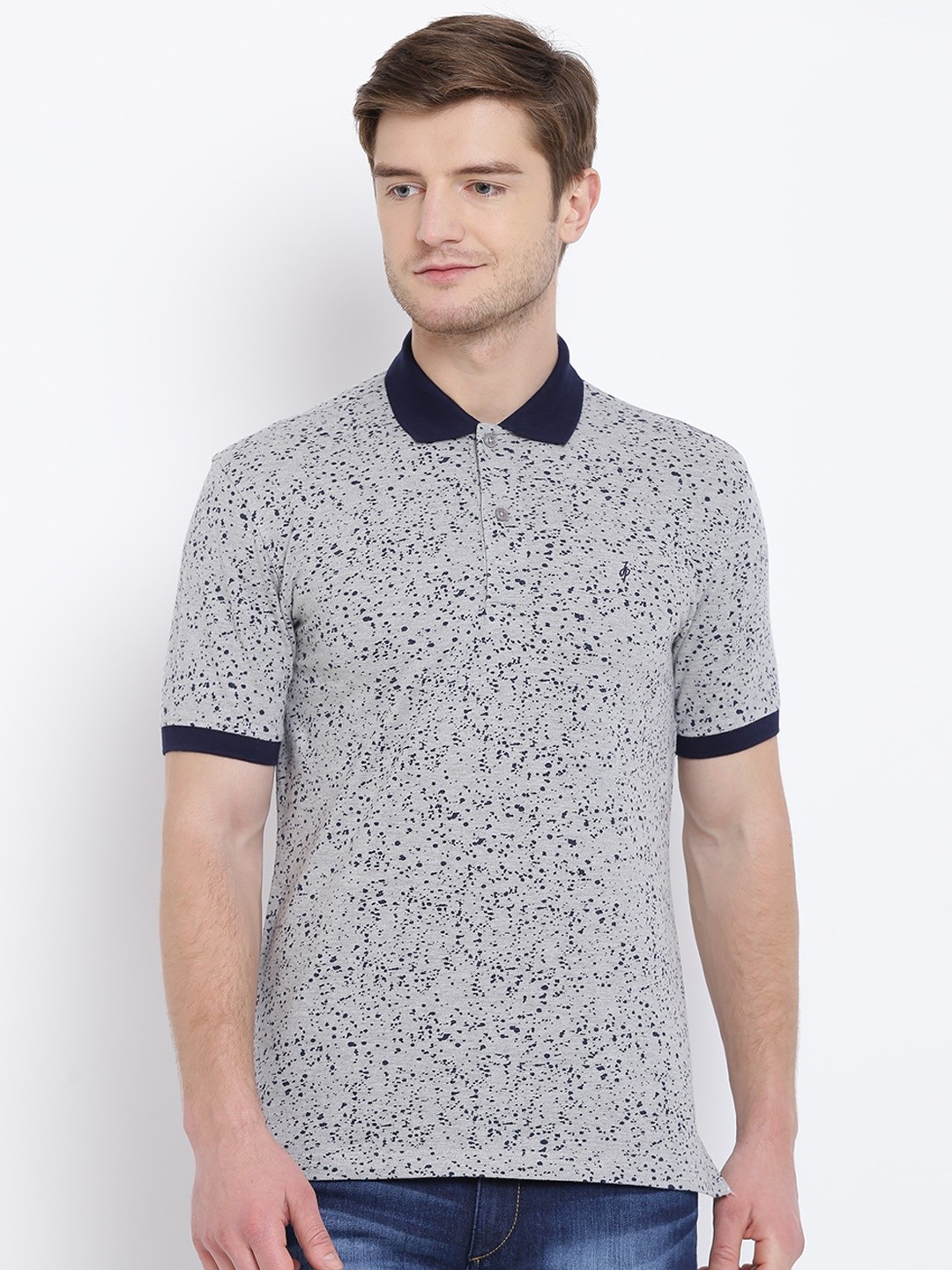 

John Players Men Grey Melange & Navy Printed Polo Collar T-shirt