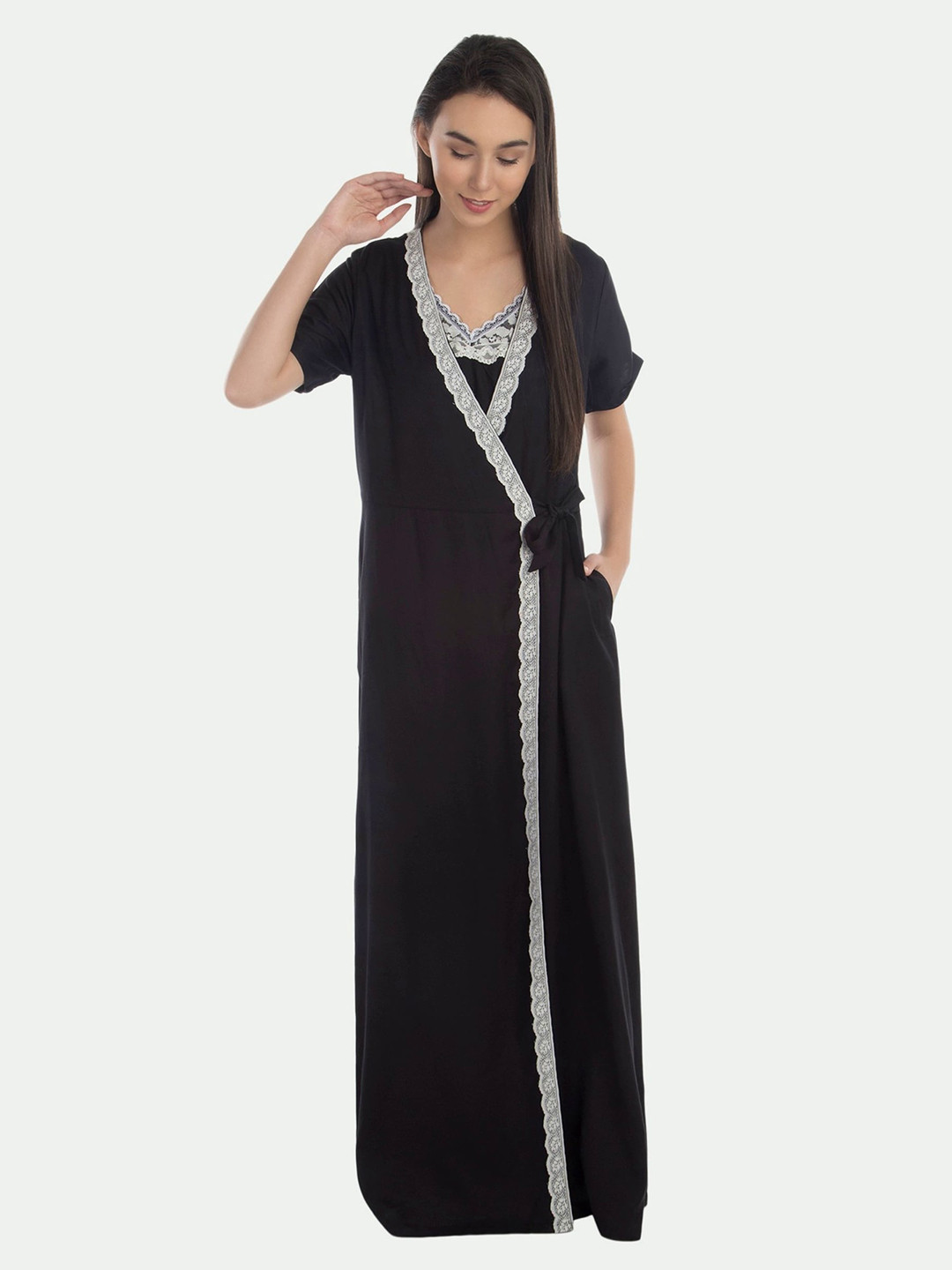 

PATRORNA Maxi Nightdress With Robe, Black