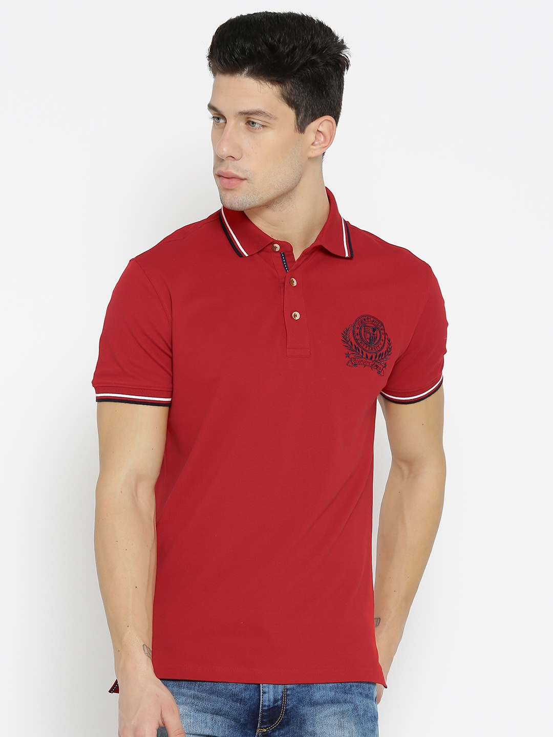

John Players Men Red Solid Polo Collar T-shirt