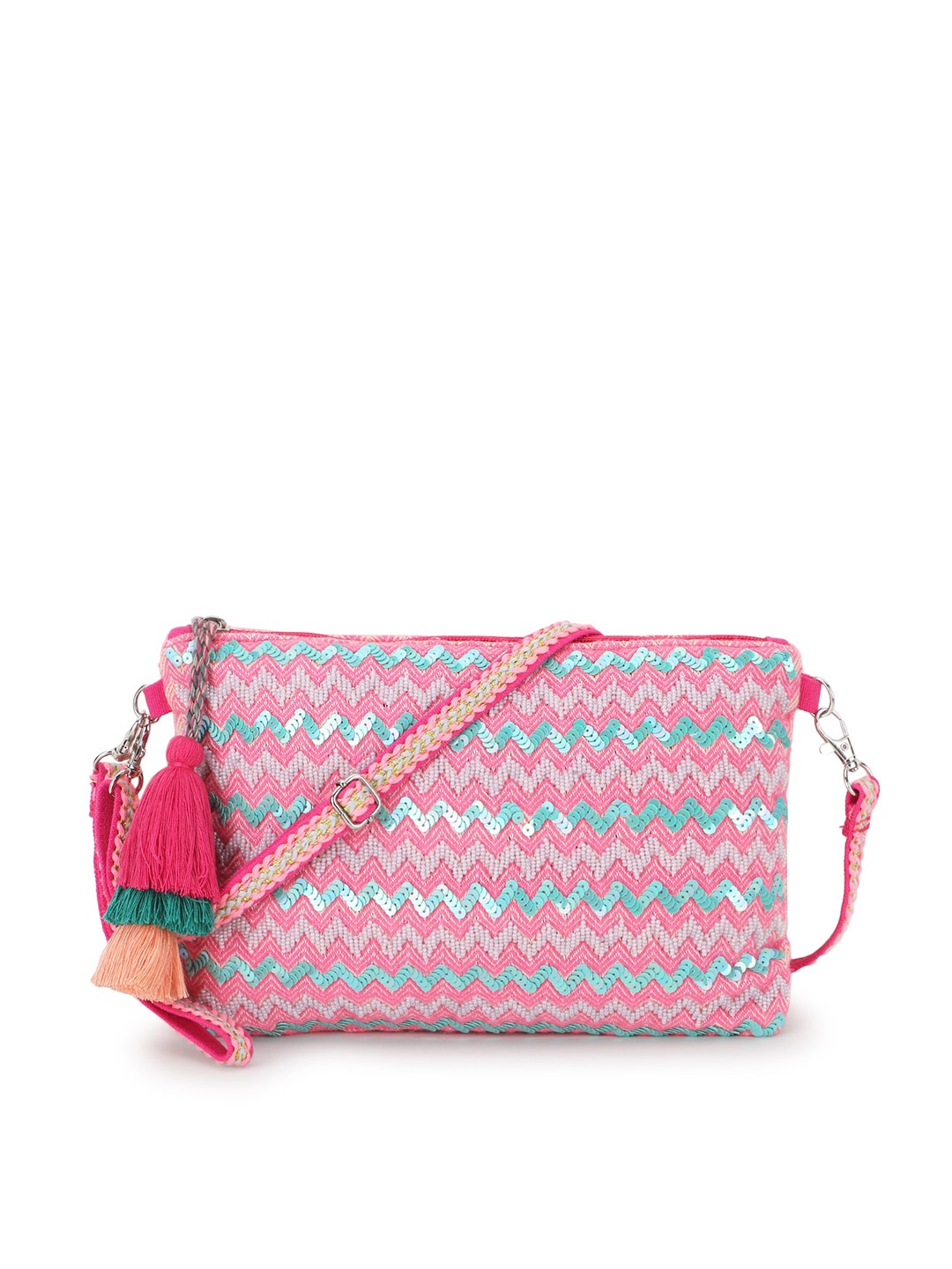 

Anekaant Geometric Printed Structured Sling Bag with Tasselled, Pink