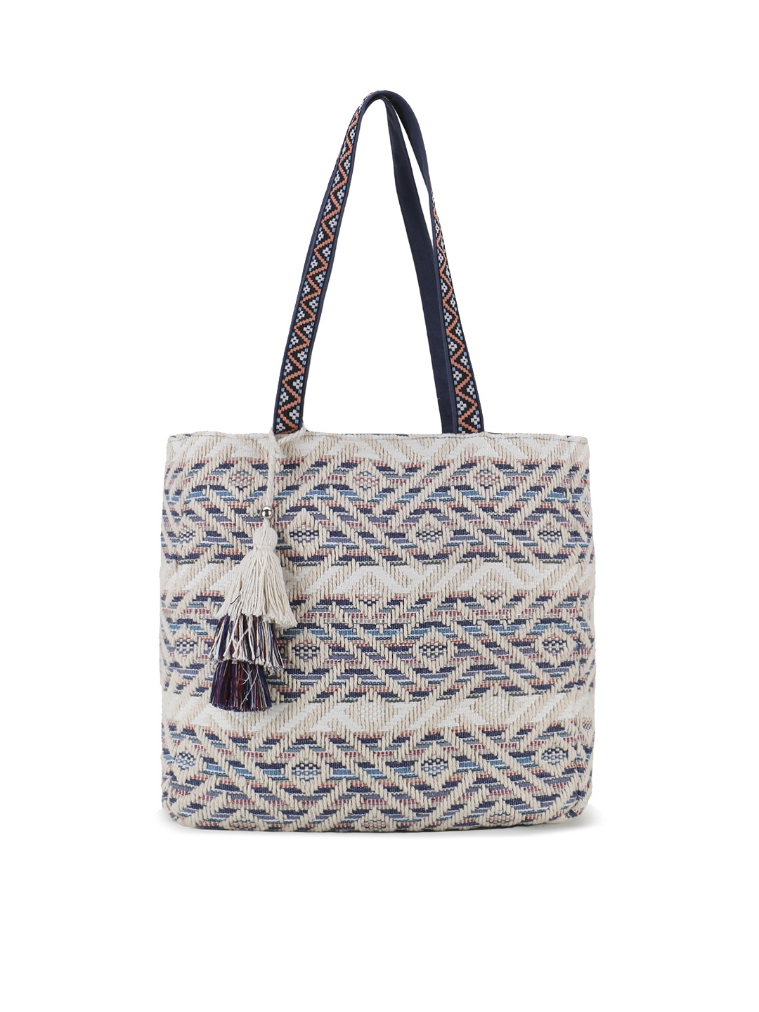 

Anekaant Ethnic Motifs Shopper with Tasselled Handheld Bag, Off white