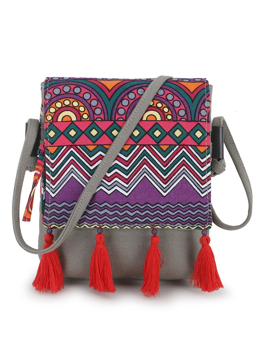 

Anekaant Abstract Printed with Tasselled Sling Bag, Grey