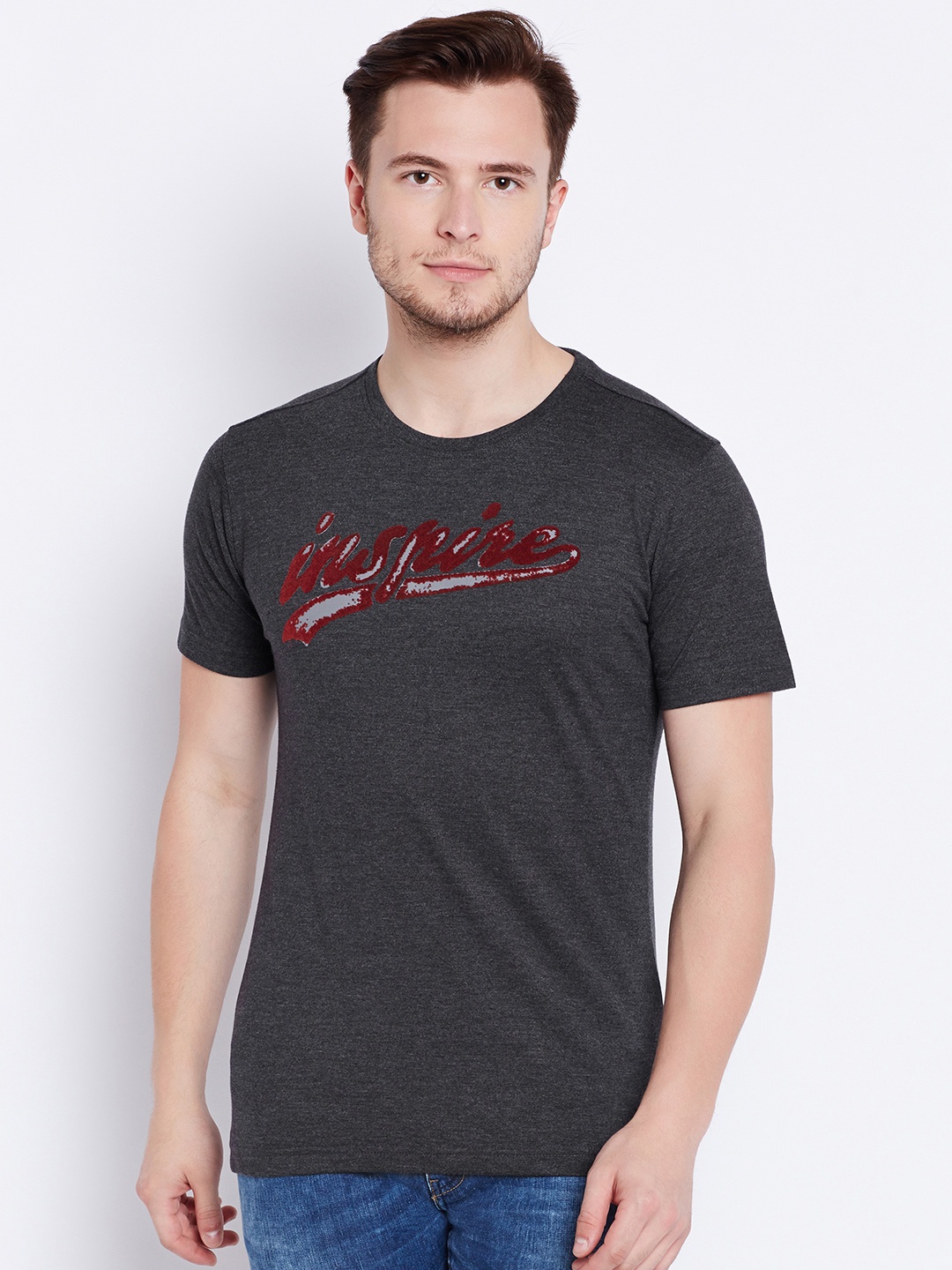 

John Players Men Charcoal Grey Printed Round Neck T-shirt