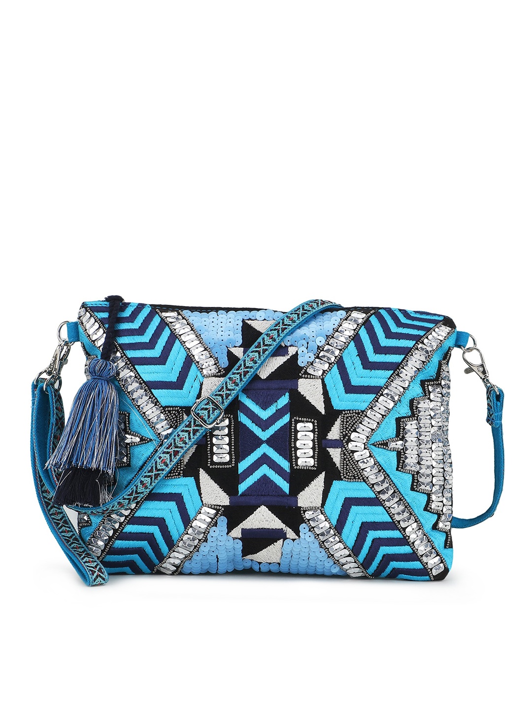 

Anekaant Embellished Swagger with Tasselled Sling Bag, Turquoise blue