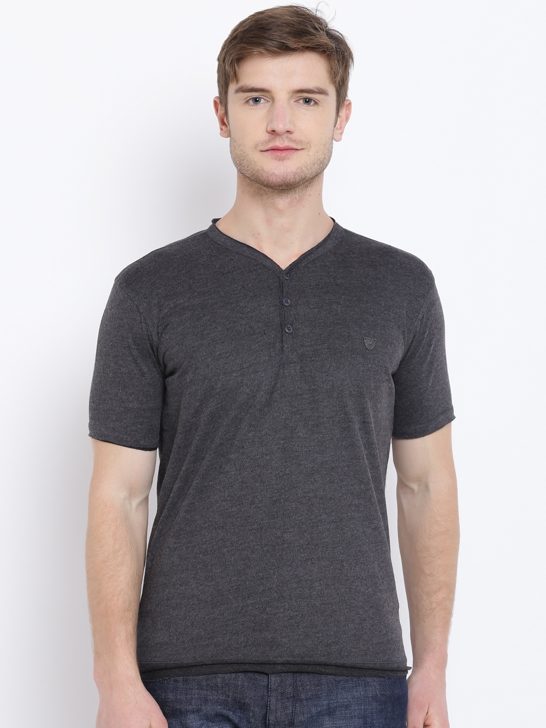 

John Players Men Charcoal Grey Solid V-Neck T-shirt