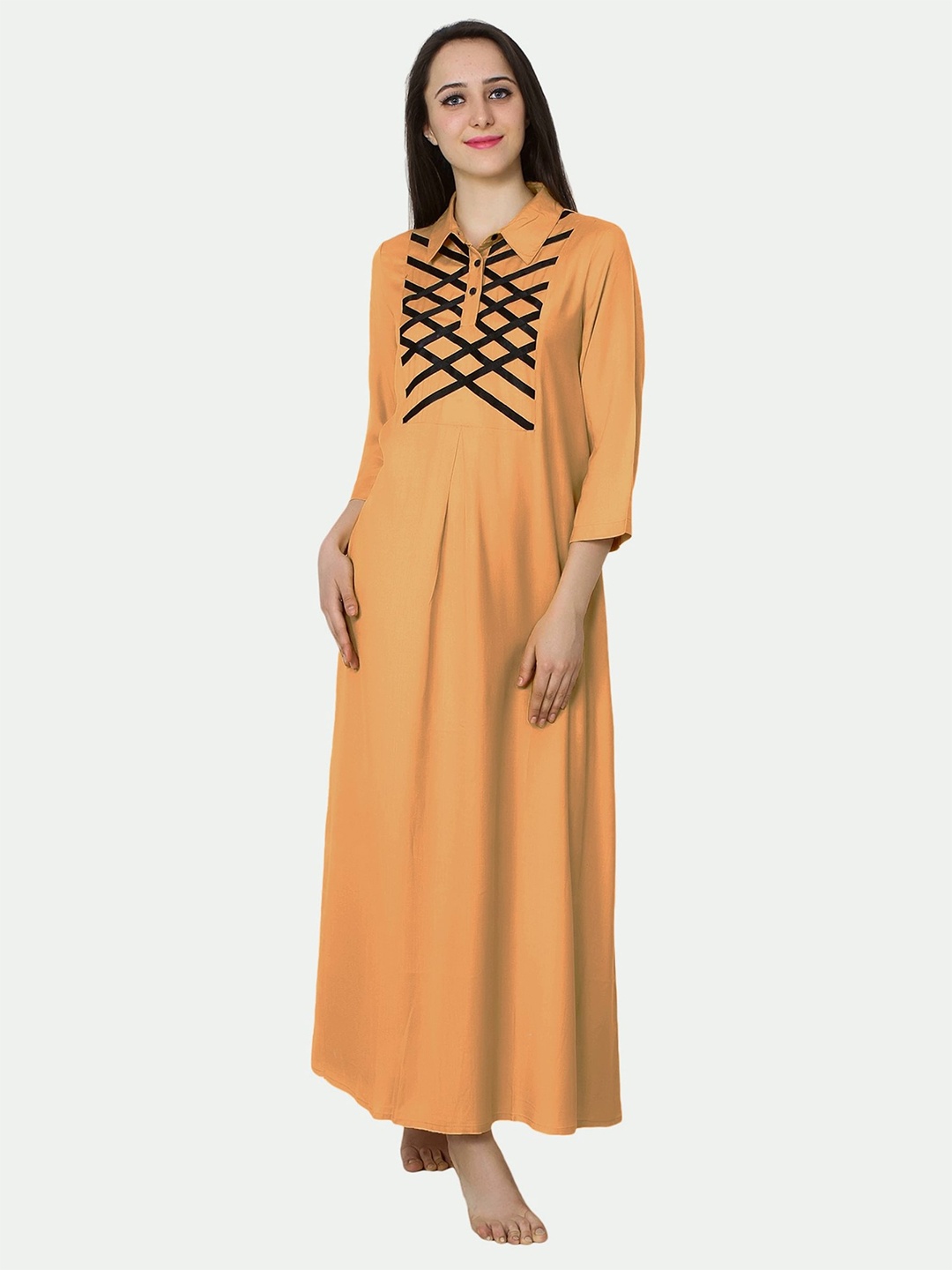 

PATRORNA Women Solid Cotton Blend Maxi Nightdress, Orange