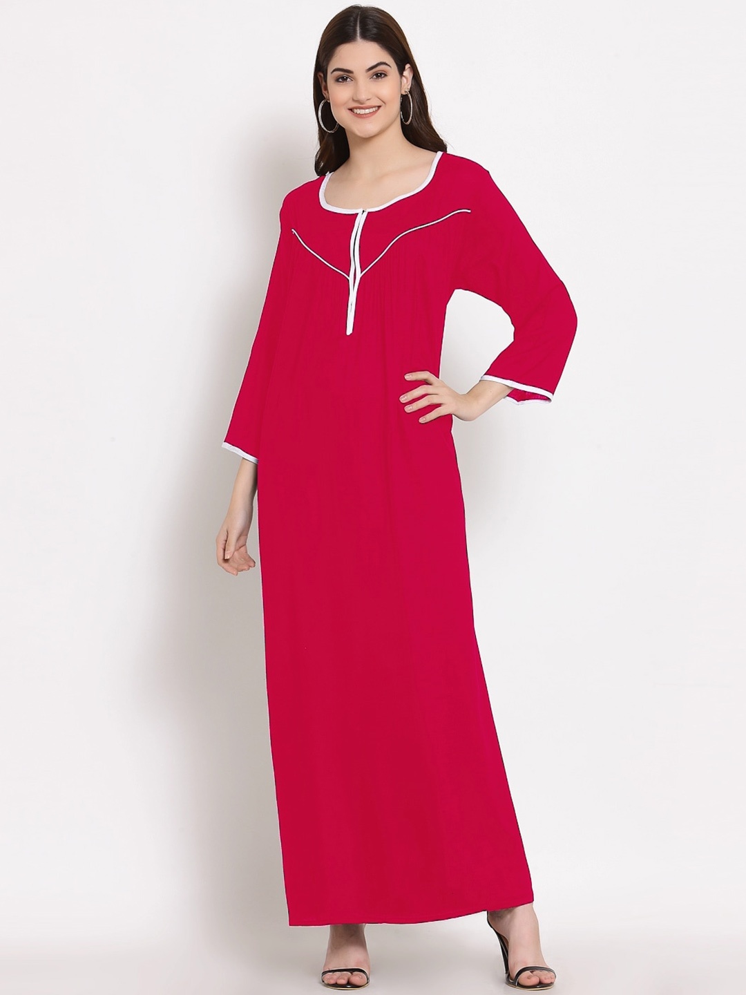 

PATRORNA Women Solid Cotton Blend Maxi Nightdress, Pink