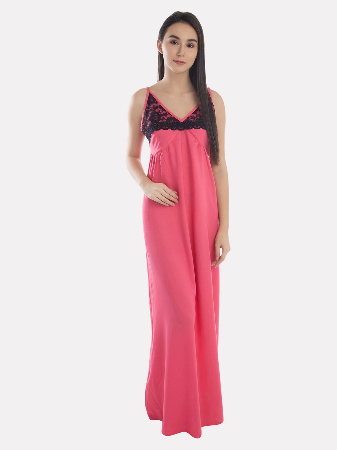 

PATRORNA Women Solid Shoulder Strap Maxi Nightdress, Pink
