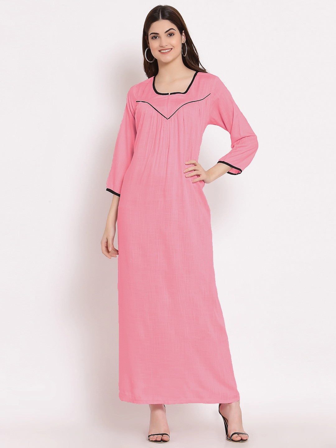 

PATRORNA Women Solid Cotton Blend Maxi Nightdress, Pink
