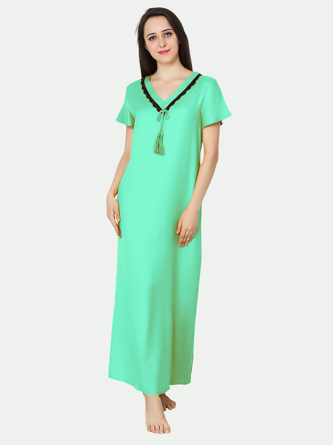 

PATRORNA Women Solid V-Neck Cotton Blend Maxi Nightdress, Green