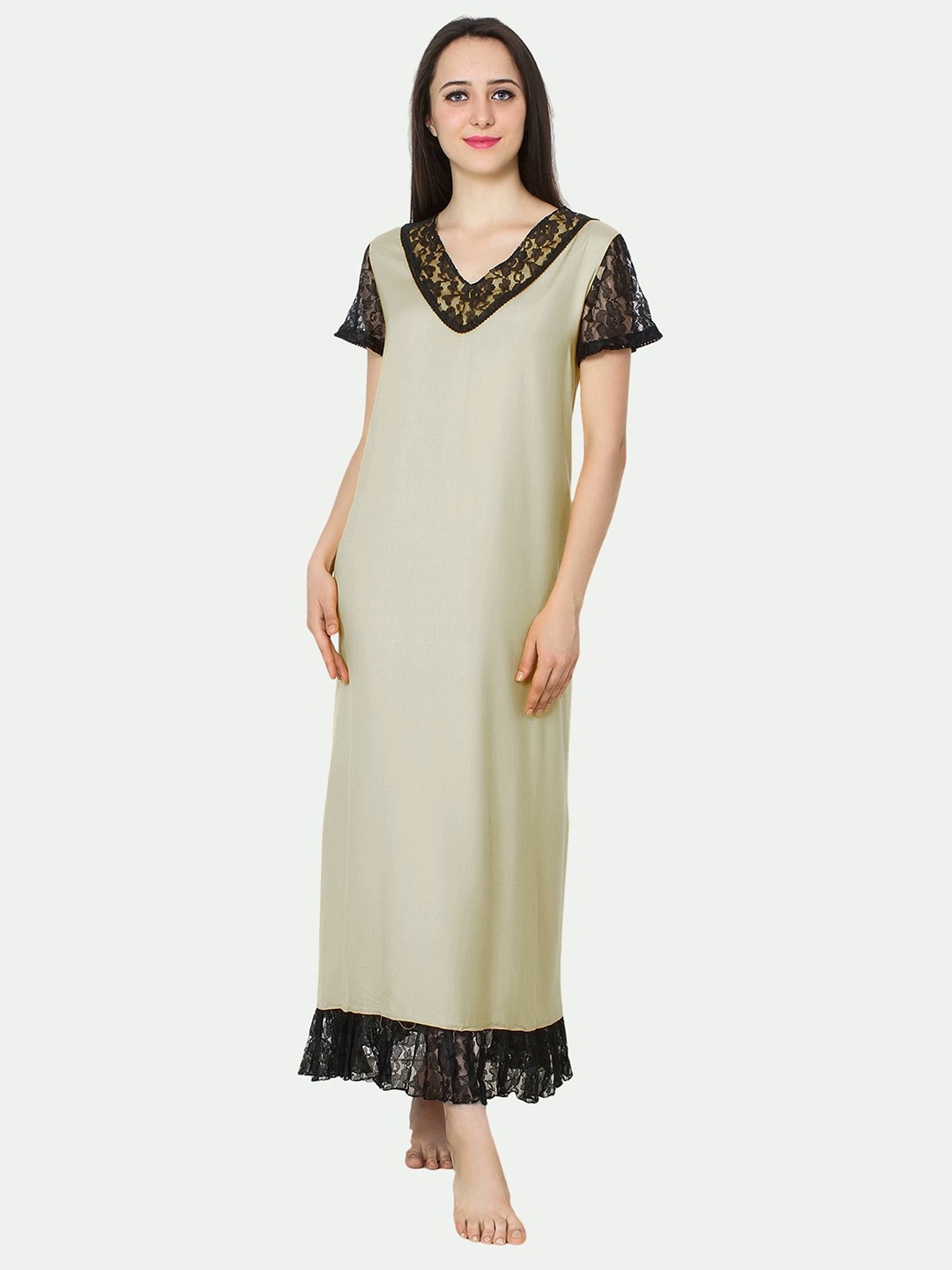 

PATRORNA Women Solid Cotton Blend Maxi Nightdress, Off white