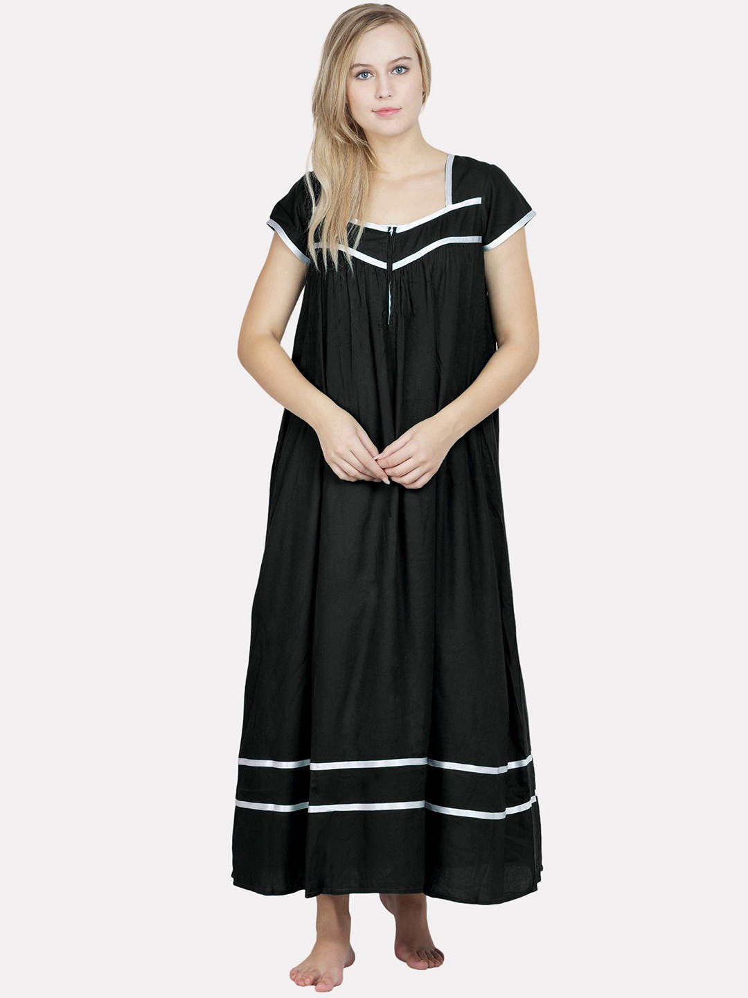 

PATRORNA Women Solid Maxi Nightdress, Black