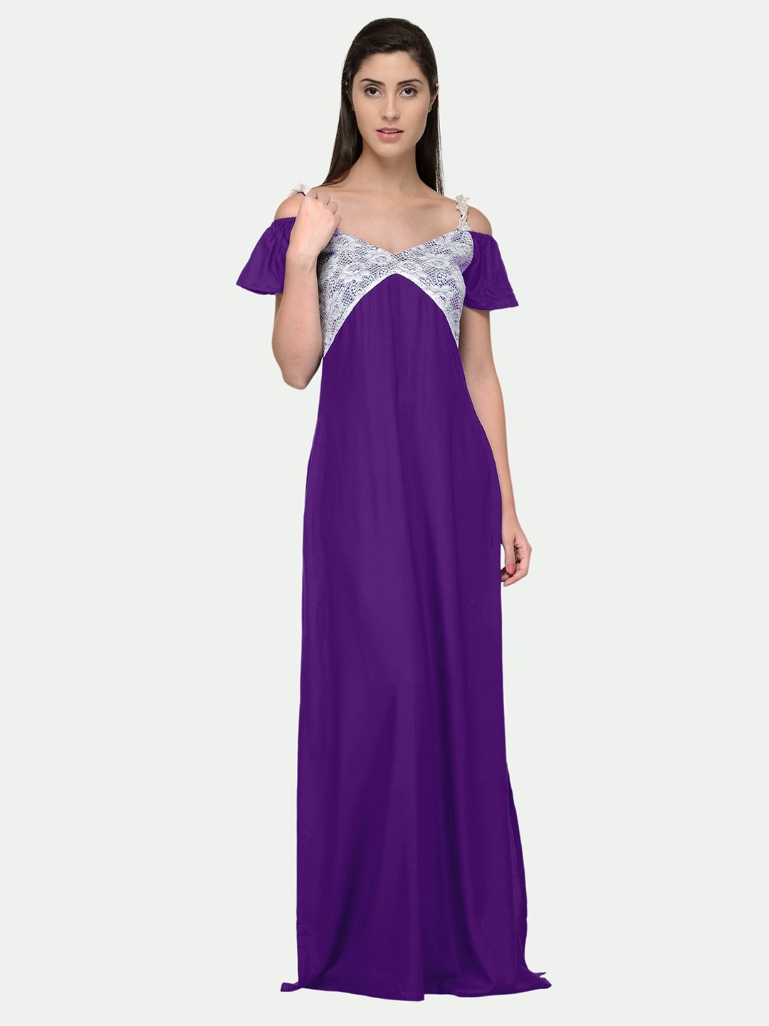 

PATRORNA Women Solid Off-Shoulder Maxi Nightdress, Purple