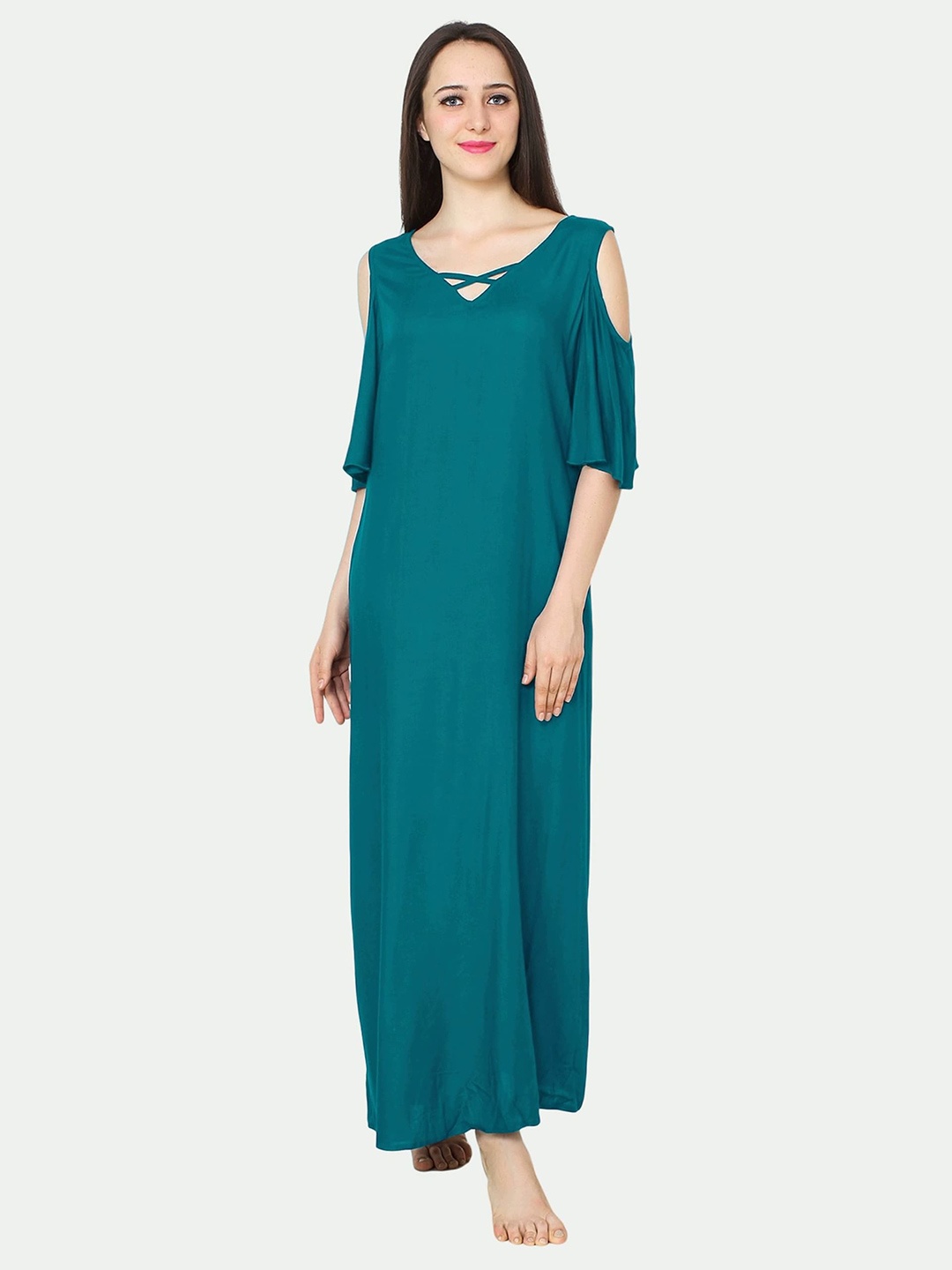 

PATRORNA Women Solid V-Neck Cotton Blend Maxi Dress, Teal