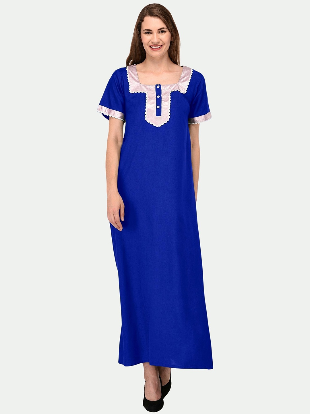 

PATRORNA Women Solid Cotton Blend Maxi Nightdress, Blue