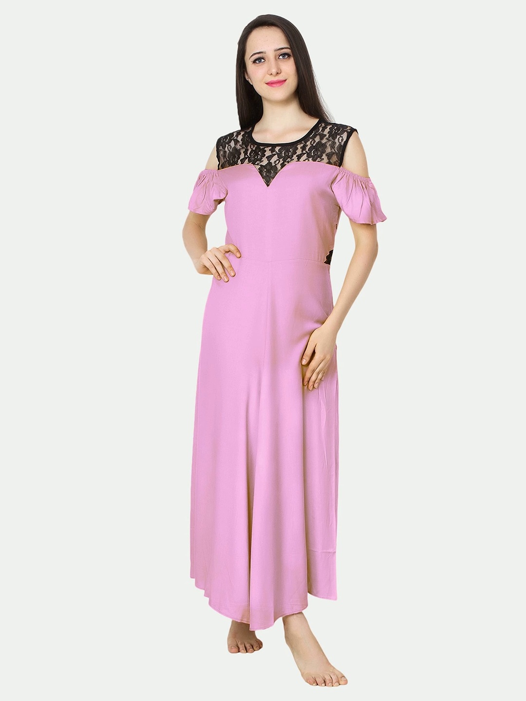 

PATRORNA Women Solid Cotton Blend Maxi Nightdress, Pink