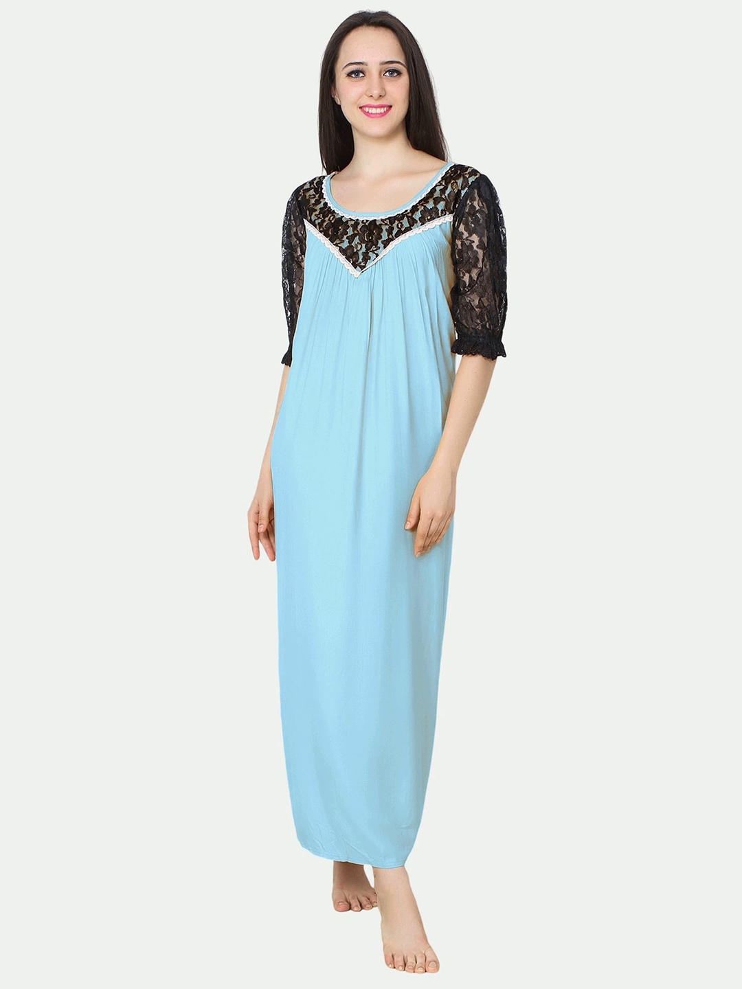 

PATRORNA Women Solid Cotton Blend Maxi Nightdress, Blue