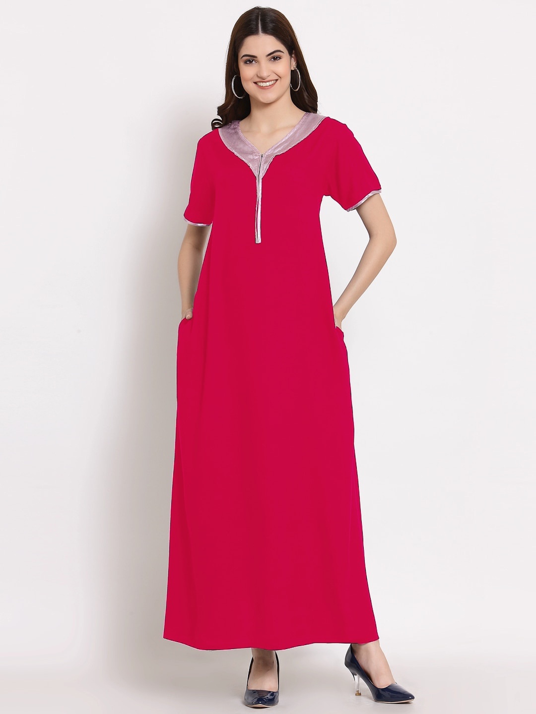 

PATRORNA Women Solid V-Neck Cotton Blend Maxi Nightdress, Pink