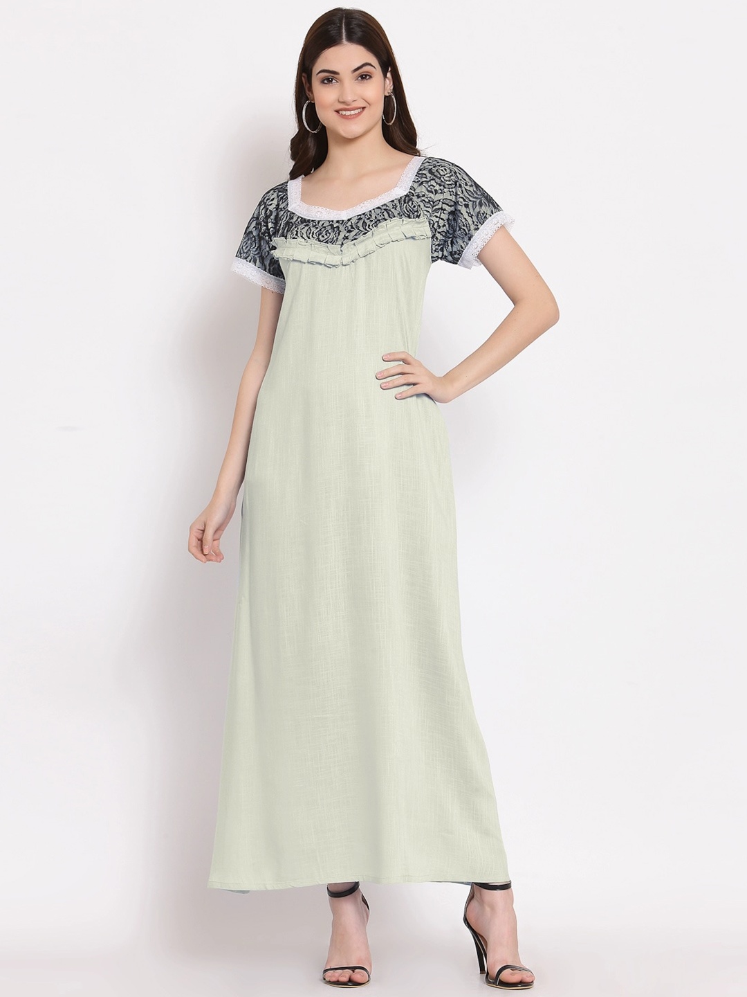 

PATRORNA Women Solid Cotton Blend Maxi Nightdress, Off white