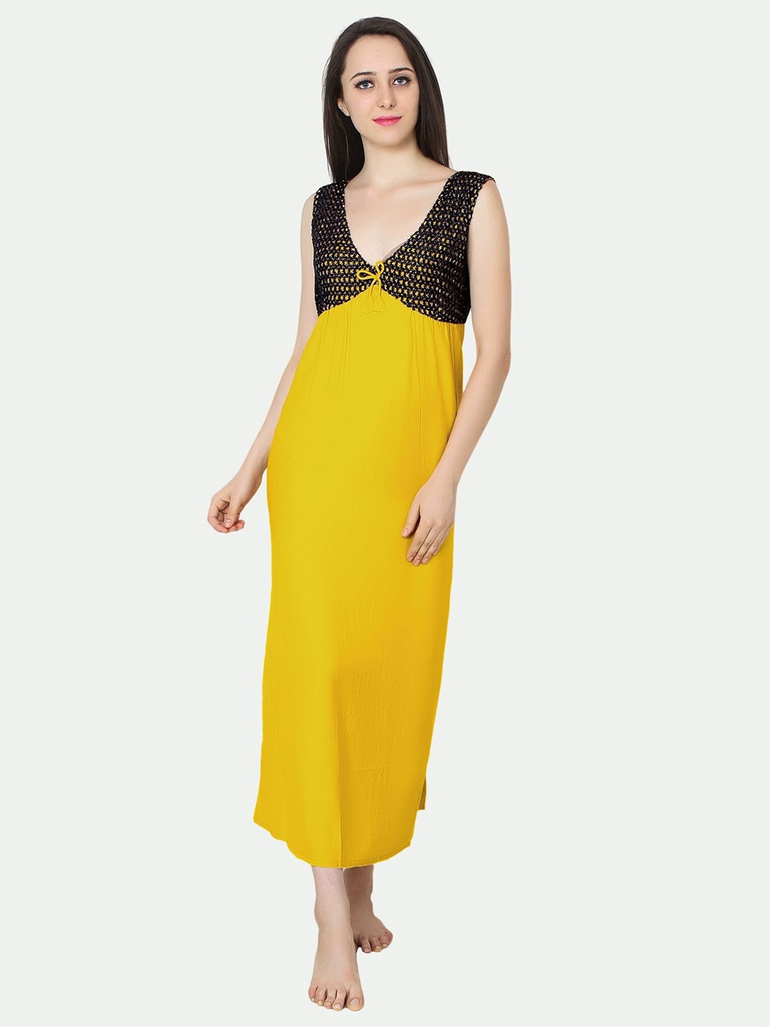 

PATRORNA Women Solid V-Neck Cotton Blend Maxi Nightdress, Mustard