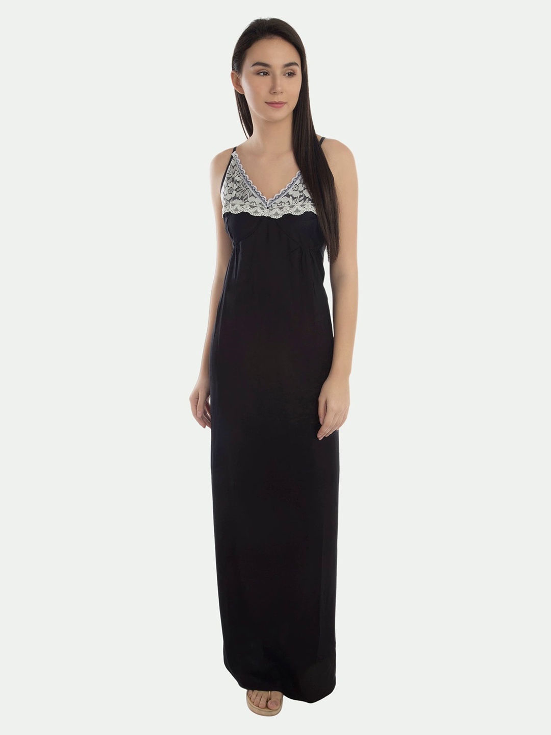 

PATRORNA Women Solid Shoulder Strap Maxi Nightdress, Black