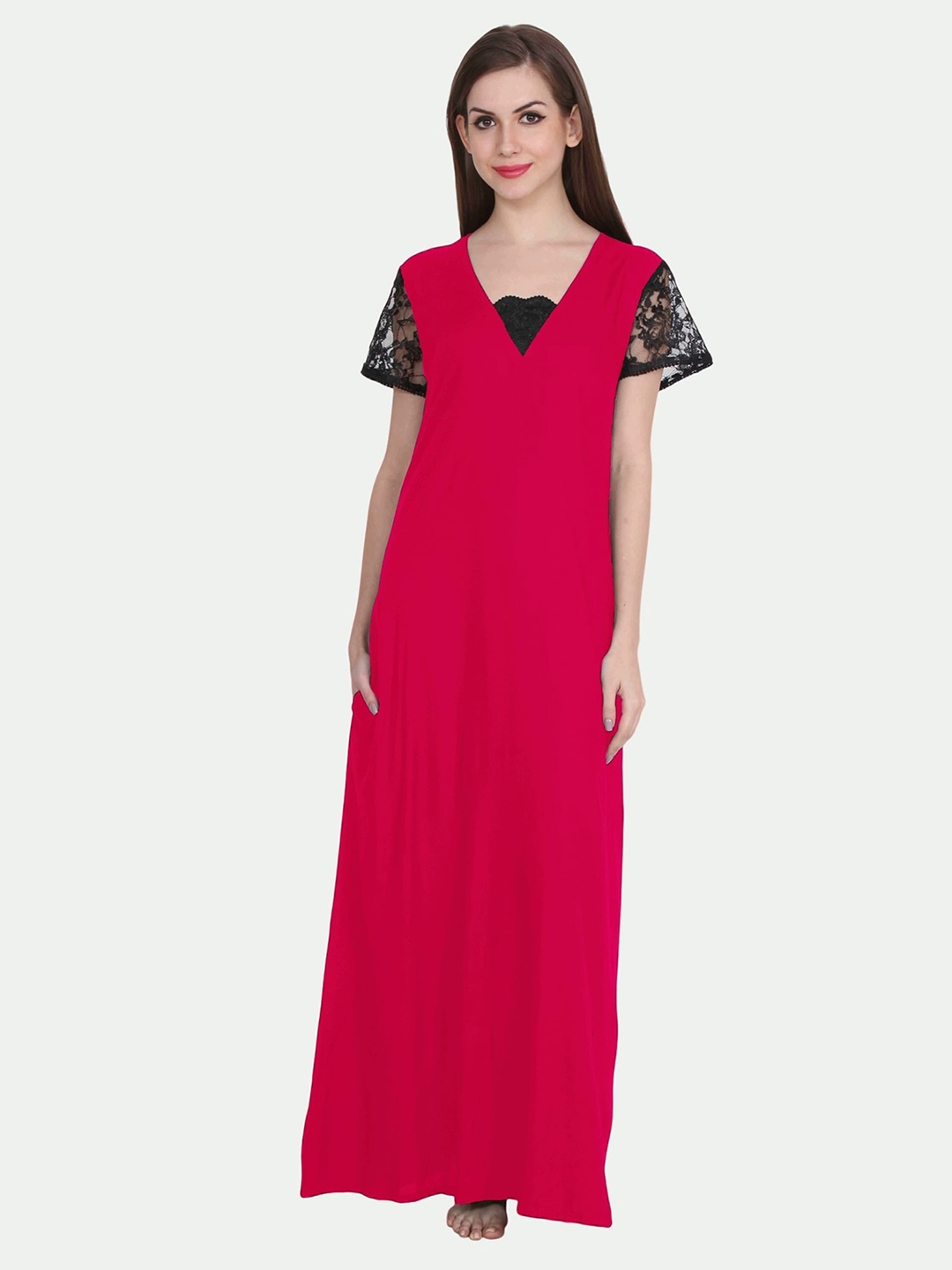 

PATRORNA Women Solid V-Neck Maxi Nightdress, Pink
