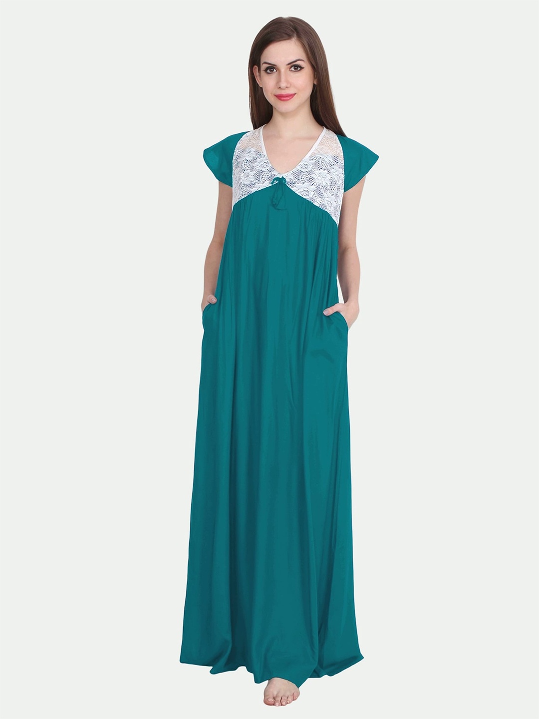 

PATRORNA Women Solid V-Neck Maxi Nightdress, Teal