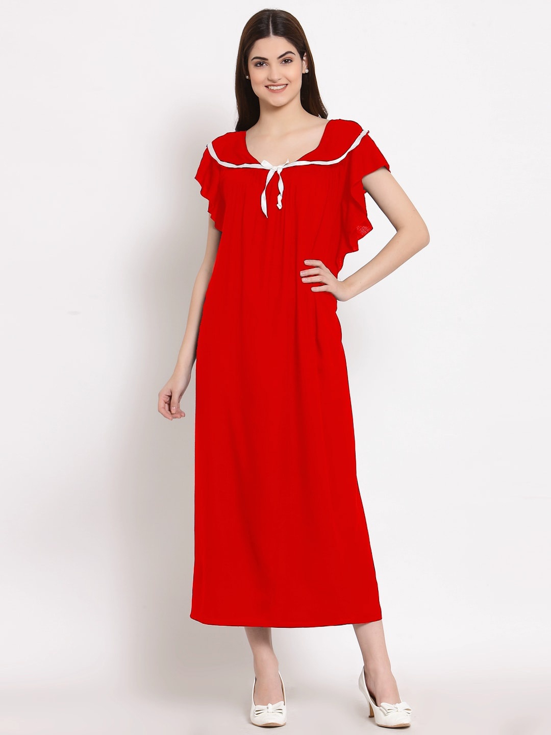 

PATRORNA Women Solid Cotton Blend Maxi Nightdress, Red