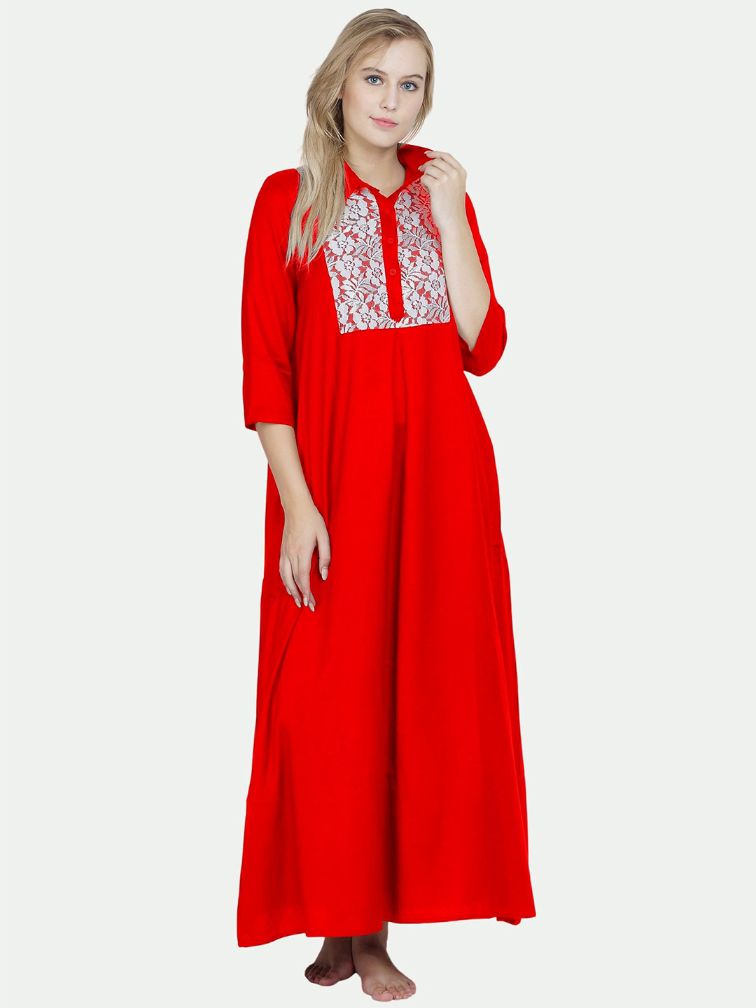 

PATRORNA Women Solid Cotton Blend Maxi Nightdress, Red