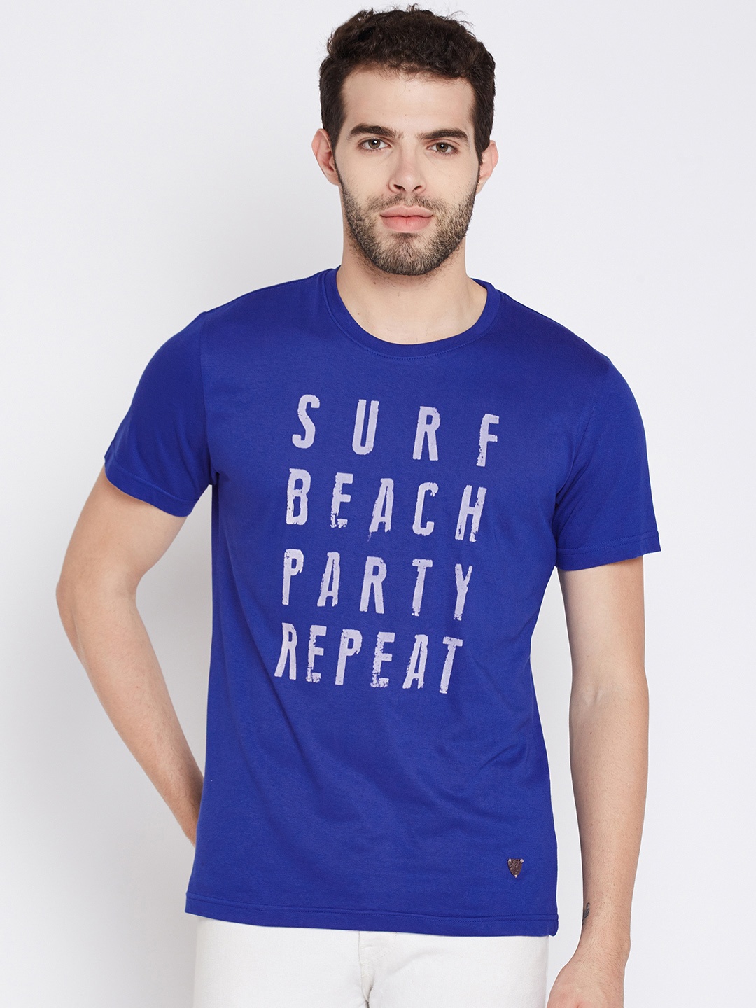 

John Players Men Blue Slim Fit Printed Round Neck Pure Cotton T-shirt