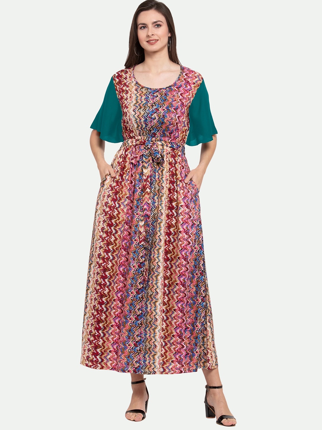 

PATRORNA Plus Size Printed Belted Maxi Dress, Beige