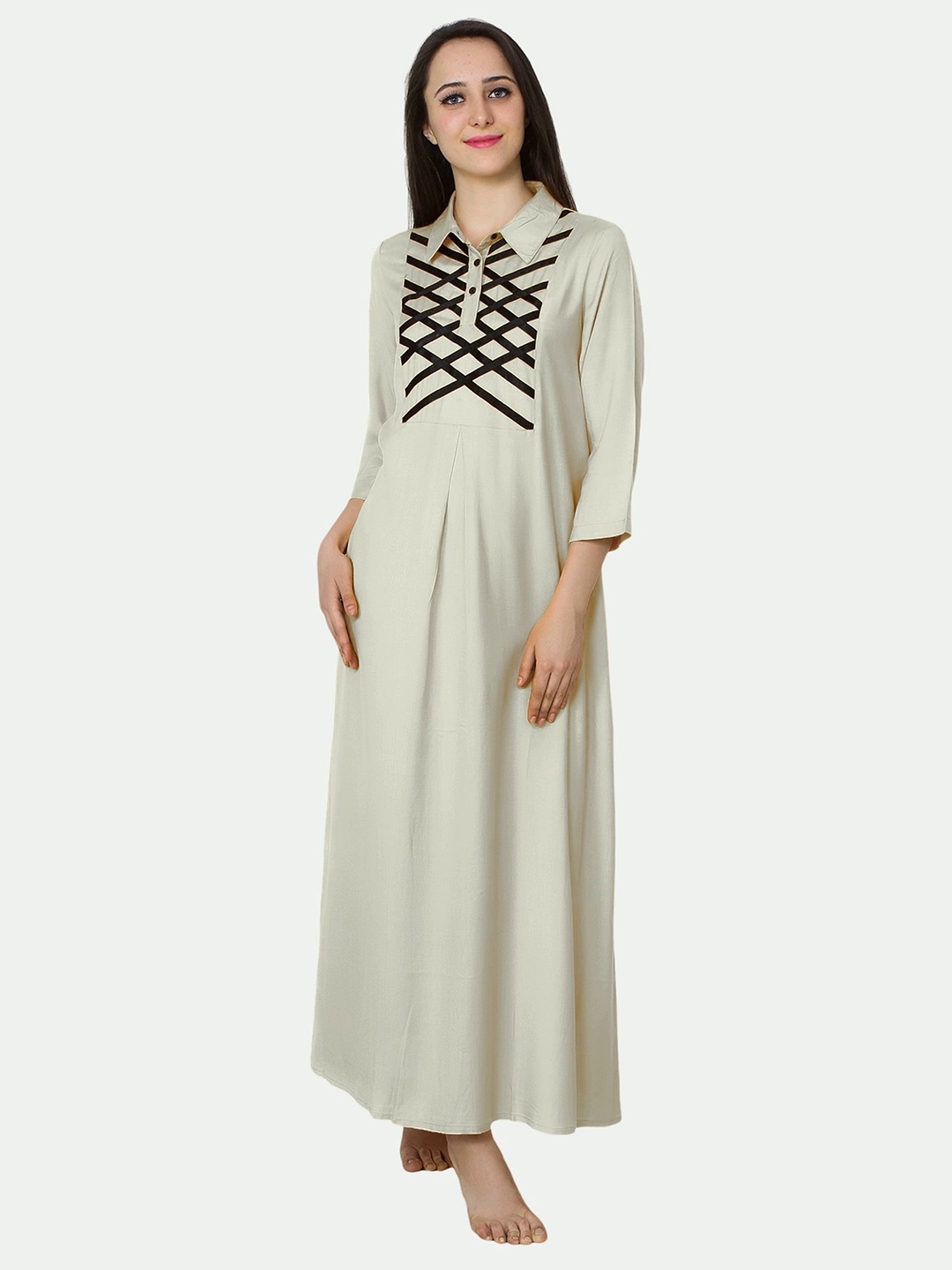 

PATRORNA Off White Embroidered Maxi Nightdress