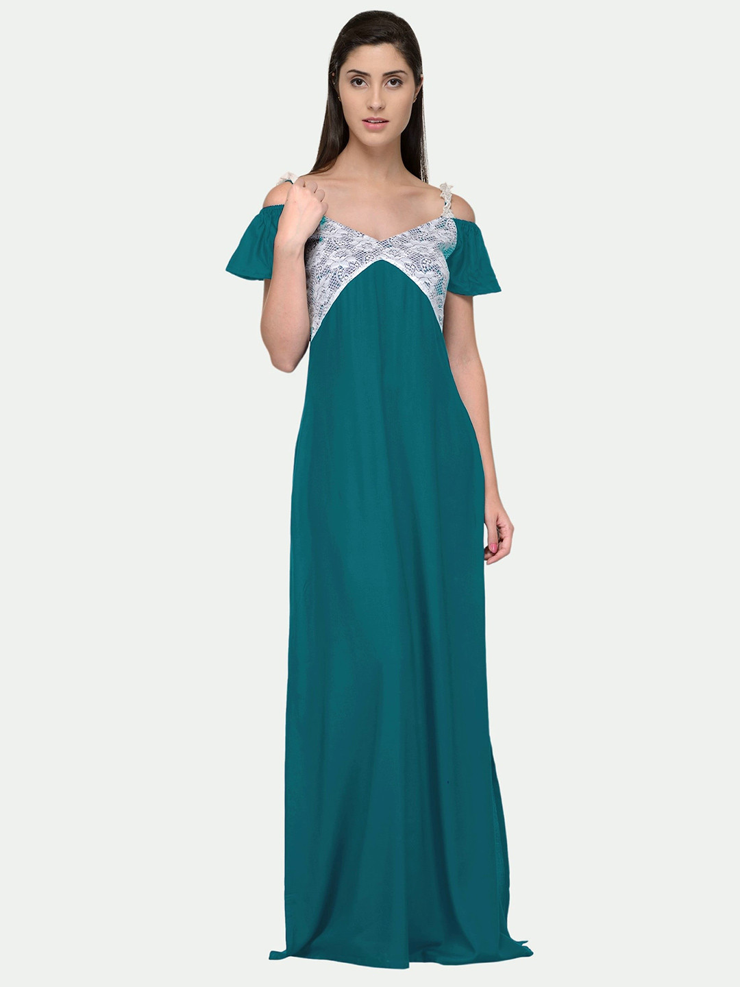 

PATRORNA Women Solid Shoulder Strap Maxi Nightdress, Green