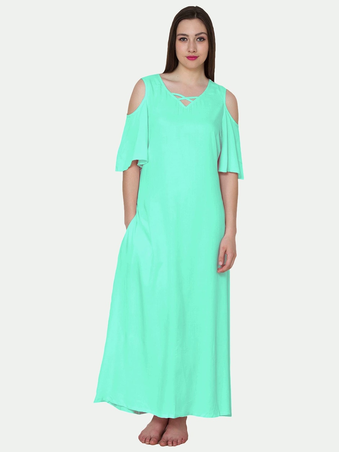 

PATRORNA Women Solid V-Neck Cotton Blend Maxi Dress, Green