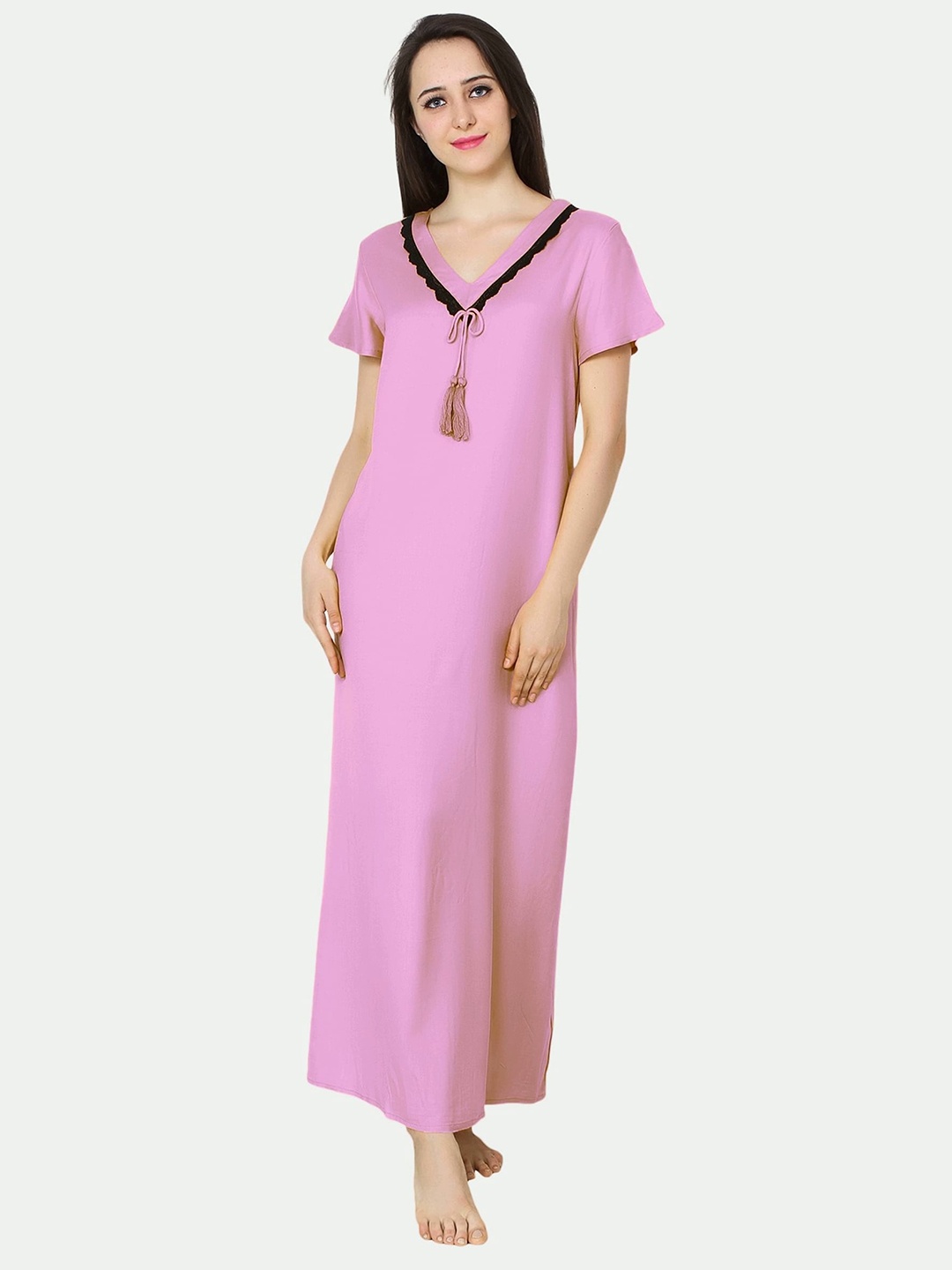 

PATRORNA Women Solid V-Neck Maxi Nightdress, Pink