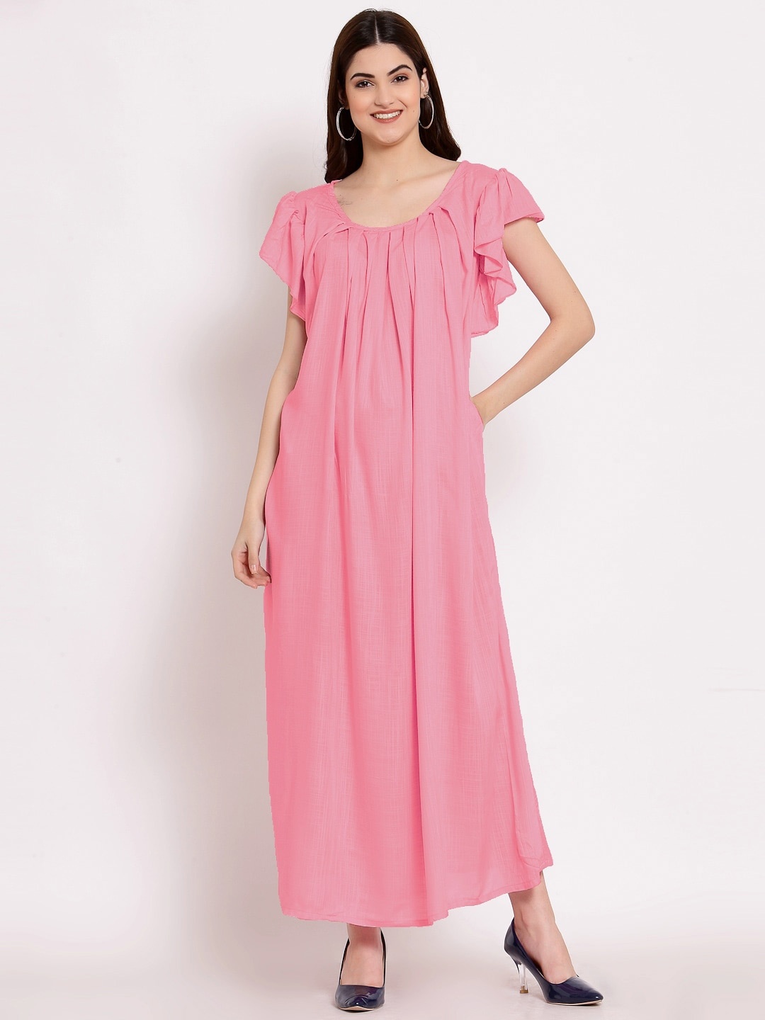 

PATRORNA Women Solid Cotton Blend Maxi Nightdress, Pink