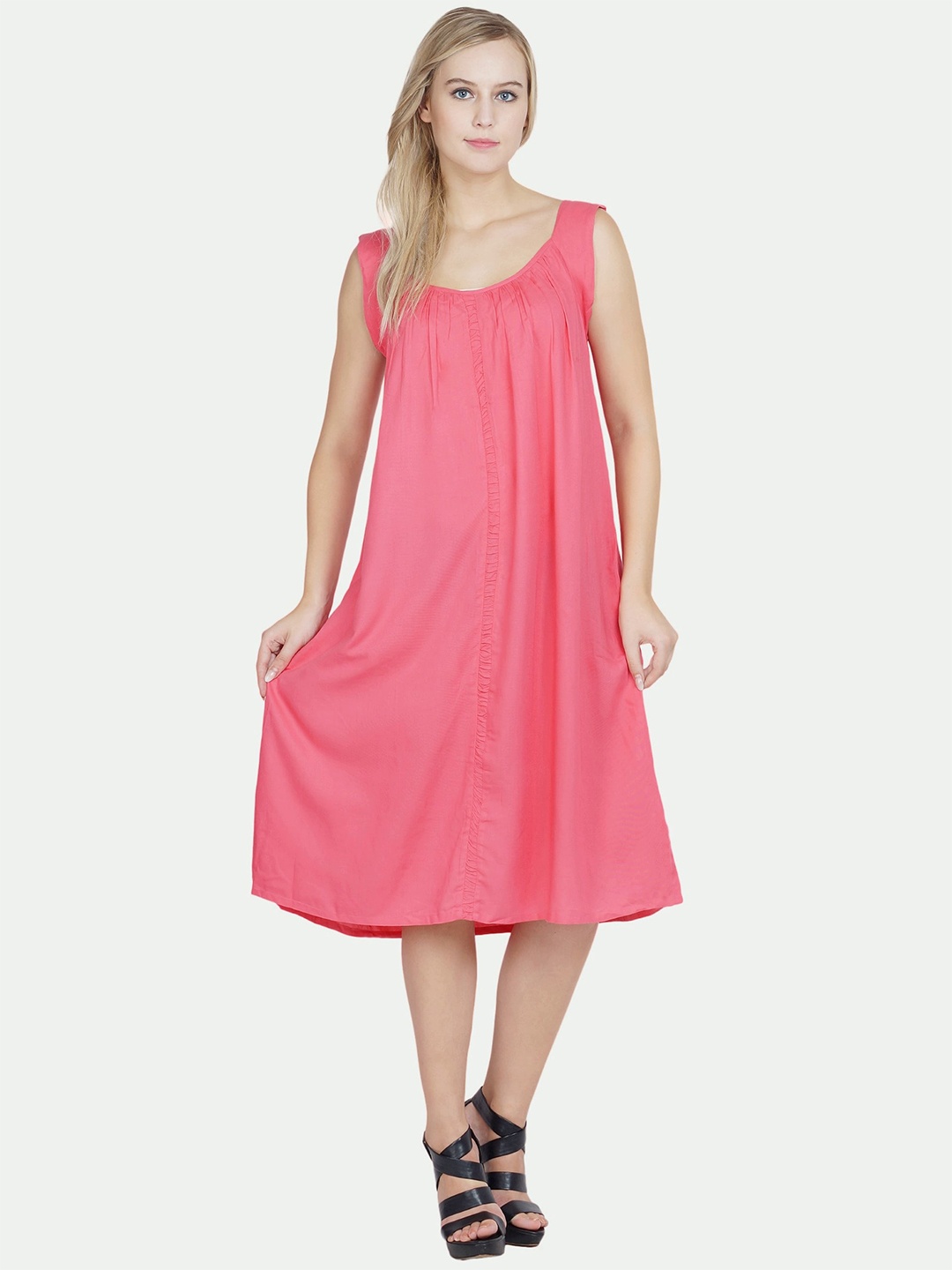 

PATRORNA Women Solid Sleeveless Midi Nightdress, Pink