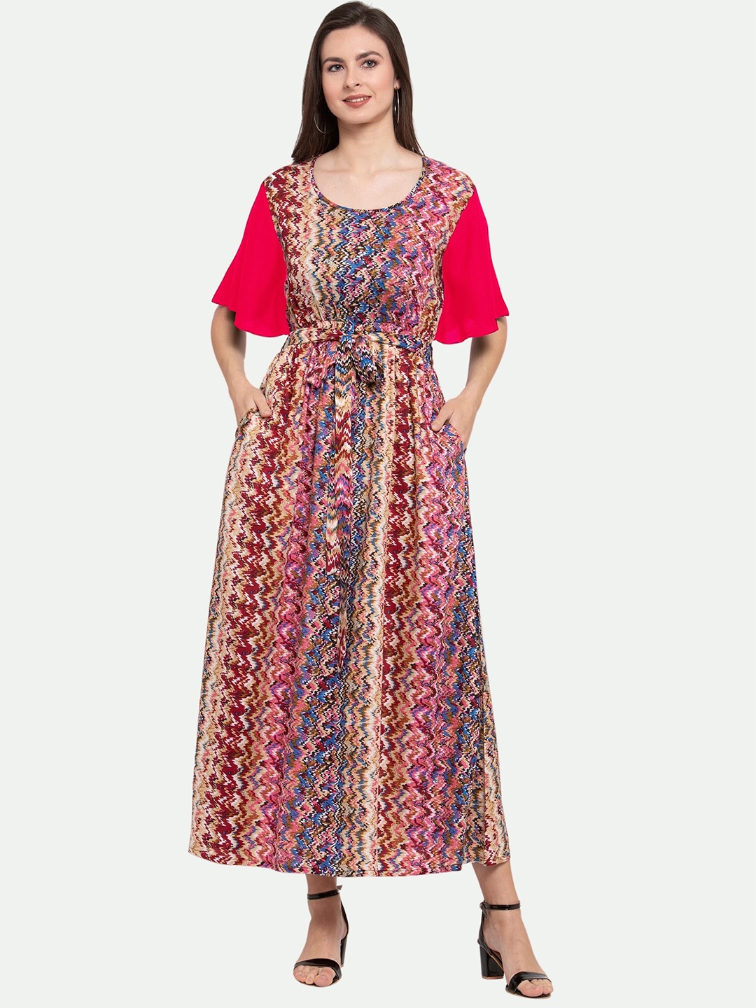 

PATRORNA Women Printed Round Neck Cotton Blend Maxi Dress, Beige
