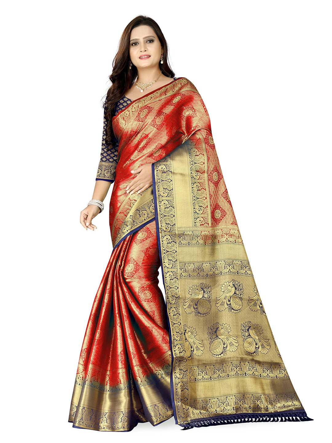 

PRASTHAN Red & Blue Ethnic Motifs Zari Pure Silk Banarasi Saree