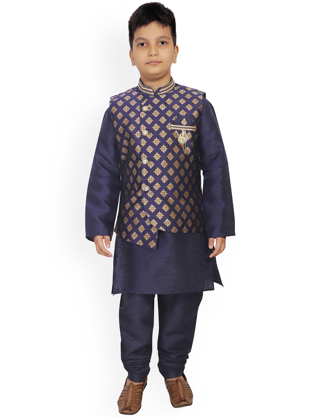 

KIDS FARM Boys Ethnic Motifs Dupion Silk Kurta with Churidar, Navy blue
